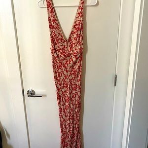 Free People Deep V Red Floral Midi Dress (Size 4)